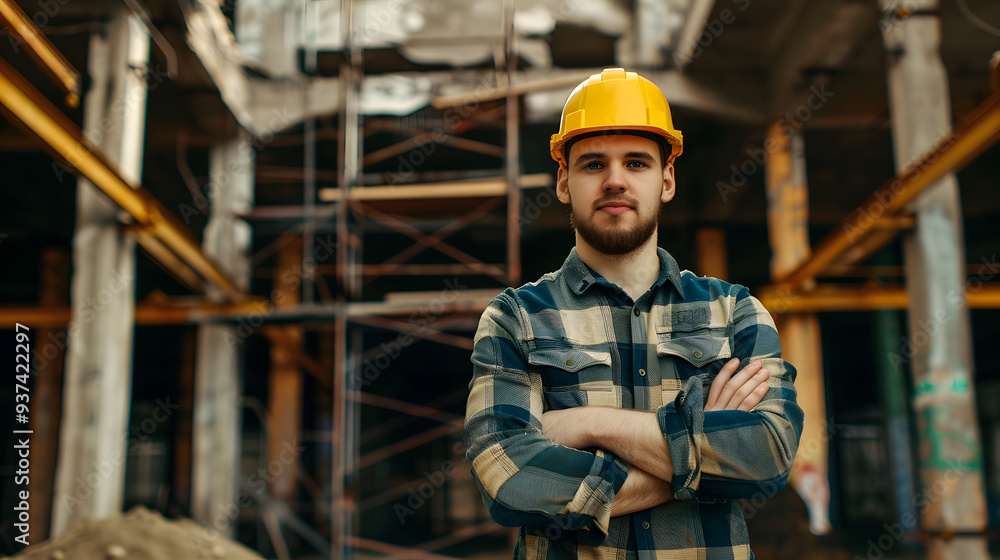 A man, a worker, a builder by profession, in a uniform and a helmet. AI Generated A man, a worker, a builder by profession, in a uniform and a helmet. AI Generated