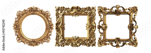 Vintage frames set isolated on transparent background, antique frames for decoration and design