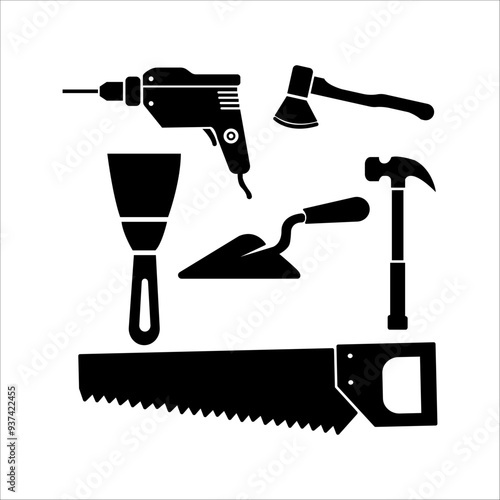 Hand saw, electric drill, hammer, circular saw. Equipment for home repair, gardening, construction
