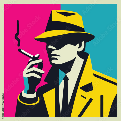 detective standing confidently with a cigarette, pop art style
