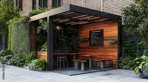 3D Illustration of a Modern Outdoor Patio with Green Walls and Wooden Ceiling