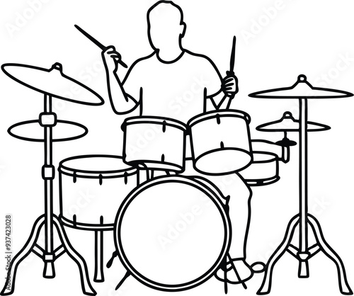 drummer silhouette acoustic drum kit illustration black and white