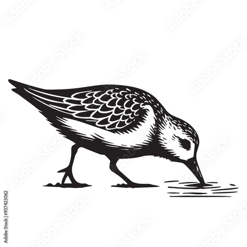 Sanderling Silhouette - Sanderling Bird Clipart,  Calidris alba Design, Sanderling foraging in shallow water Illustration in black and white