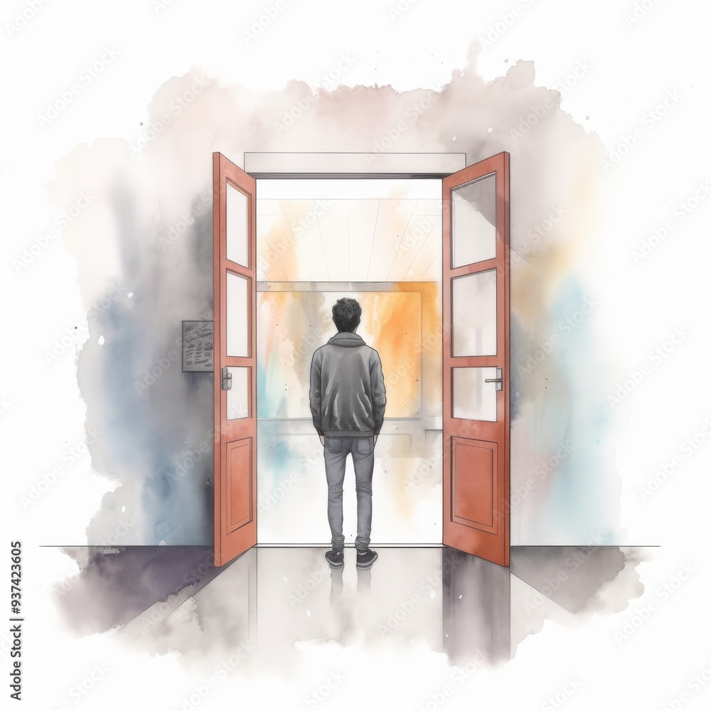 Fototapeta premium Contemplative Young Man Standing at Open Doors in Watercolor Illustration, Facing Uncertain Future and New Beginnings