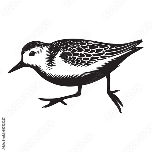 Sanderling Silhouette - Sanderling Bird Clipart,  Calidris alba Design, Sanderling mid-hop Illustration in black and white
