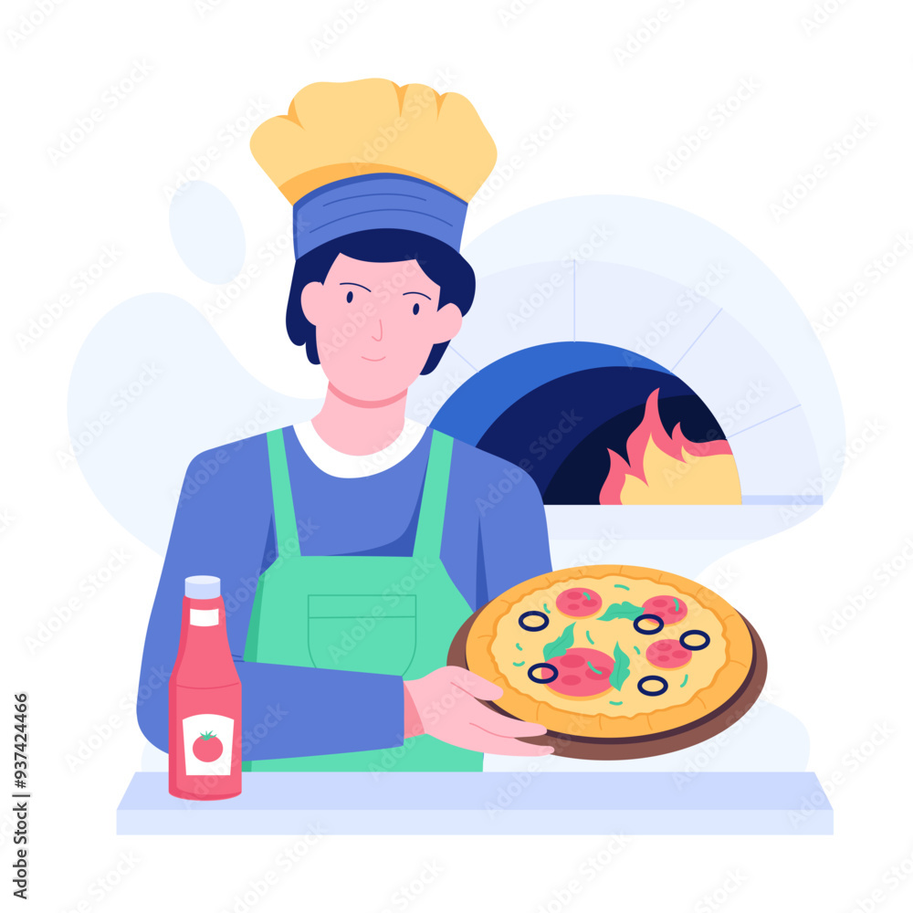 A flat style illustration of pizza baking in an oven A flat style illustration of pizza baking in an oven
