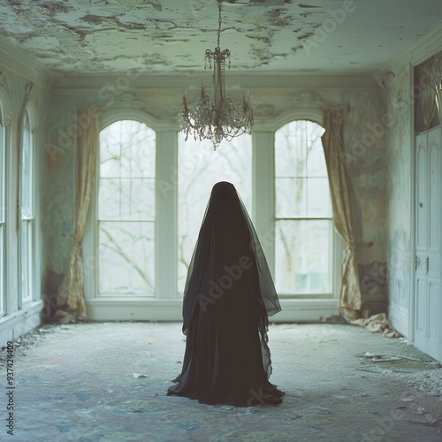Mysterious Figure in Abandoned Mansion with Chandelier and Windows
