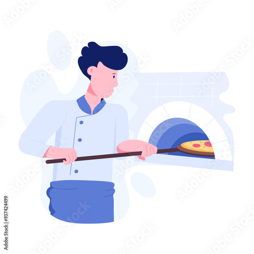 Chef putting pizza inside pizza oven, flat illustration 
