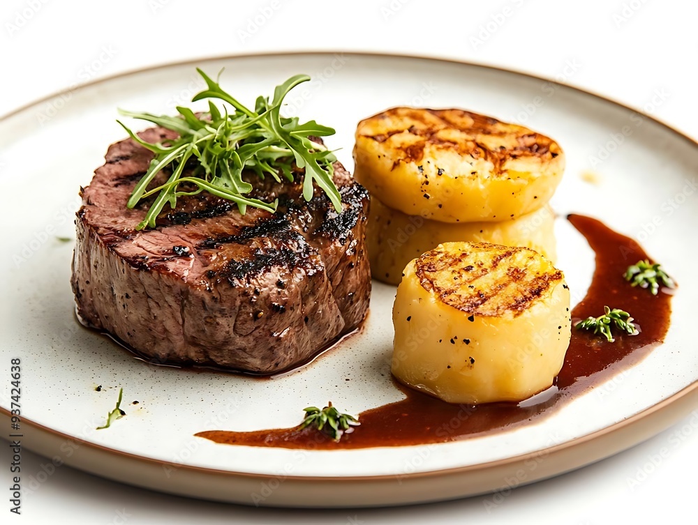 Grilled Steak with Roasted Potato Rounds and Sauce - Realistic Food Photography Grilled Steak with Roasted Potato Rounds and Sauce - Realistic Food Photography