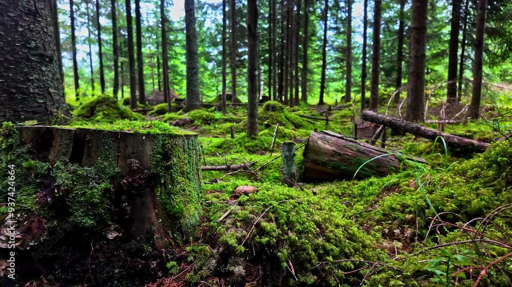 High forest trees and mossy floor, motion view High forest trees and mossy floor, motion view