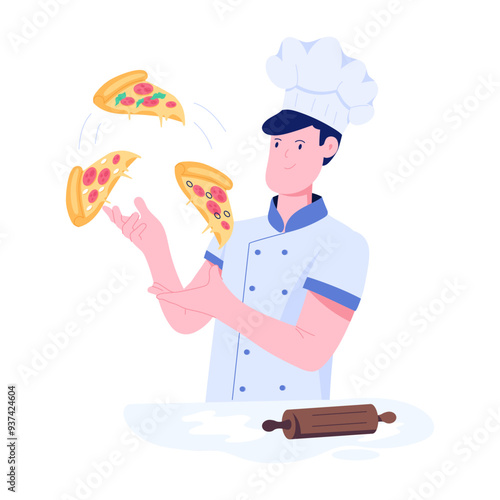 Character based flat illustration of pizza master juggling  