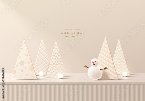 3D cream desk podium background with Christmas tree, Snowman, Lightbulb. Abstract composition minimalist design. Studio display showroom cosmetic product pedestal, Fashion stage showcase mockup scene.