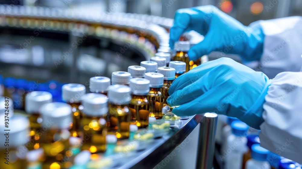 Close-up of gloved hands handling bottles on a production line Close-up of gloved hands handling bottles on a production line