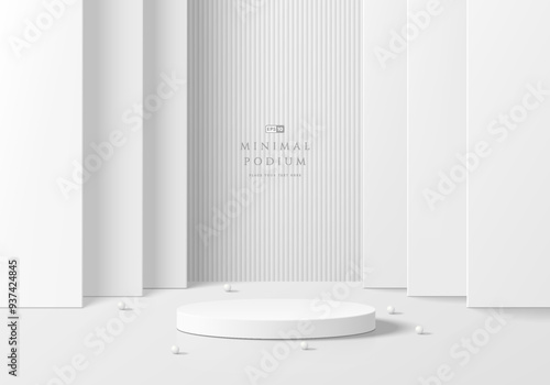 3D round podium background in white color with layers square backdrop. Abstract composition minimalist design. Studio display showroom cosmetic product pedestal, Fashion stage showcase mockup scene.