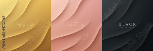 Set of abstract 3D ripples stripes texture pattern on golden, pink gold, black background. Curve wave 3D lines texture with light and shadow wall scene. Luxury and elegant template banner design.