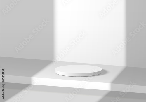 3D white round podium background with window light and shadow overlay. Abstract composition minimalist design. 3D studio display showroom cosmetic product pedestal, Fashion stage showcase mockup scene