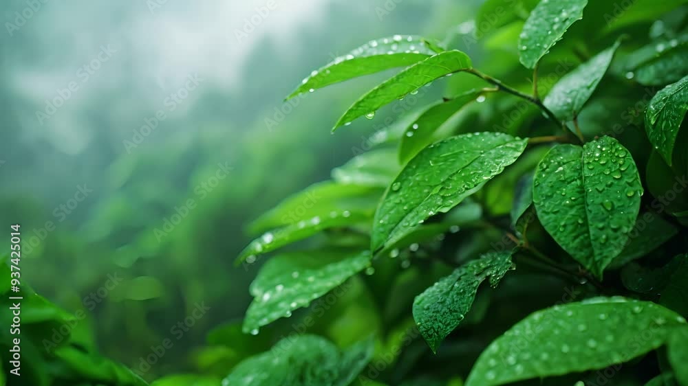 Close up green leaves with dew drops against a foggy forest on background, The green leaves with moisture, and the fog Close up green leaves with dew drops against a foggy forest on background, The green leaves with moisture, and the fog