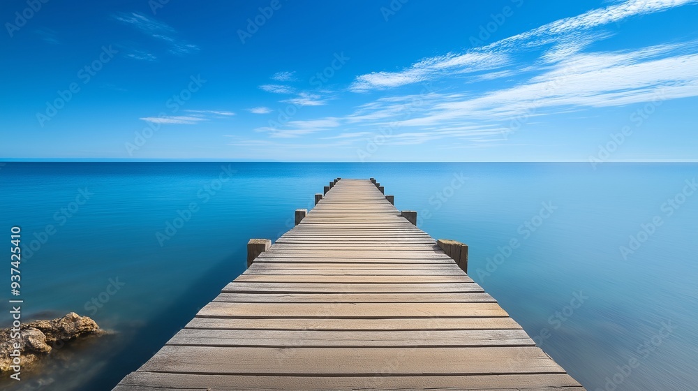 Fototapeta premium Tranquil Wooden Pier Extending Into Clear Blue Ocean