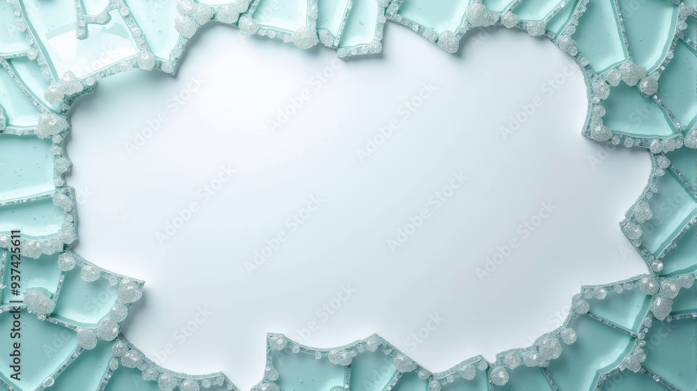 Frame of Broken Frozen Glass Shards, Ice-Cold Transparent Pieces with Snowflakes and Frosted Edges Frame of Broken Frozen Glass Shards, Ice-Cold Transparent Pieces with Snowflakes and Frosted Edges