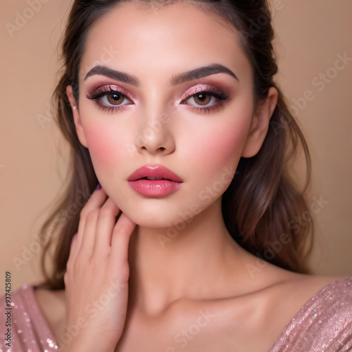 Portrait of Beautiful Woman with peach tone Makeup with Flawless, Fashion Beauty Model Close-Up