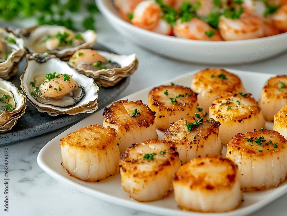 Pan-Seared Scallops with Parsley Garnish - Food Photography Pan-Seared Scallops with Parsley Garnish - Food Photography