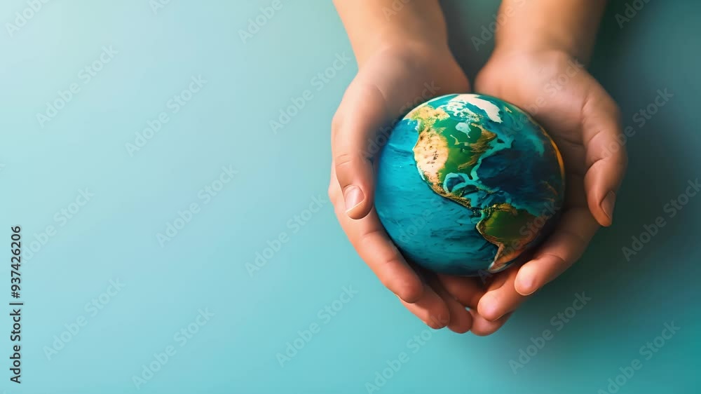 Close up hands of people holding a mini globe on hands against blue backdrop with copy space Close up hands of people holding a mini globe on hands against blue backdrop with copy space
