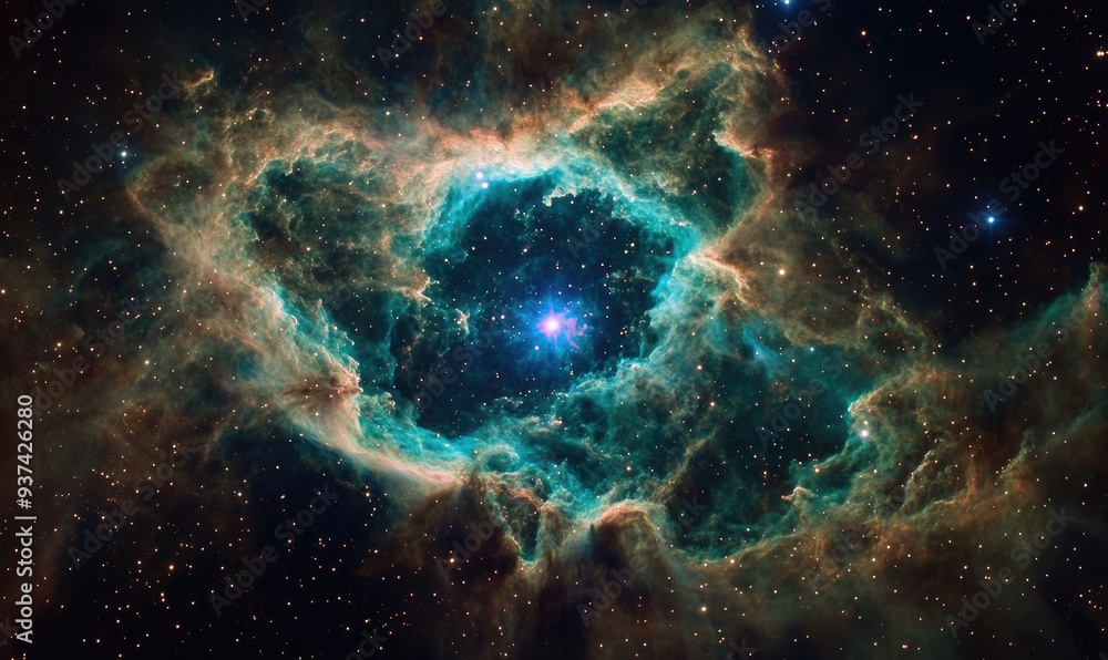 Obraz premium A vibrant nebula with a bright star at its center, surrounded by swirling gas and dust.