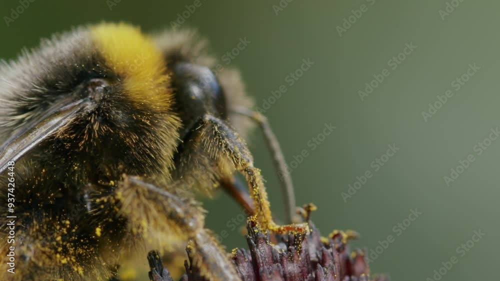 Extreme closeup White-tailed bumblebee, Bombus lucorum, looking for nectar on daisy flower. Macro insect in nature. Pollination; ecology; wildlife; animal. Extreme closeup White-tailed bumblebee, Bombus lucorum, looking for nectar on daisy flower. Macro insect in nature. Pollination; ecology; wildlife; animal.