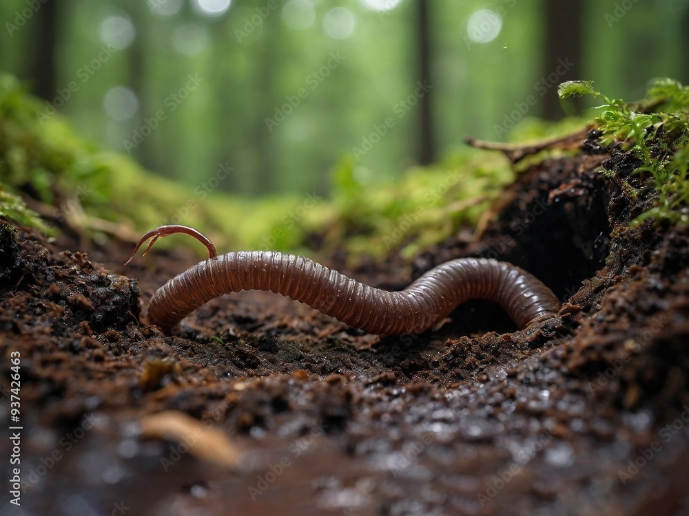 A close-up of a red worm crawling through moist soil in a forest. A close-up of a red worm crawling through moist soil in a forest.