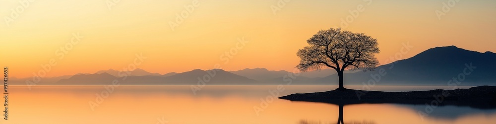 Solitary Tree at Dawn: A single tree stands tall and serene on a misty lake shore as the golden light of dawn paints the sky with ethereal hues. The tranquil scene evokes a sense of peace, solitude, a
