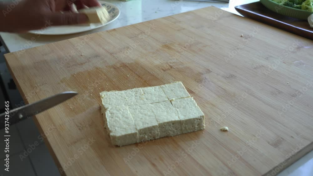 Tofu being cut on a cutting board and fried on a cast iron special ingredients to cook a meal two cans of beans rice plantain avocado red onion and cilantro Tofu being cut on a cutting board and fried on a cast iron special ingredients to cook a meal two cans of beans rice plantain avocado red onion and cilantro