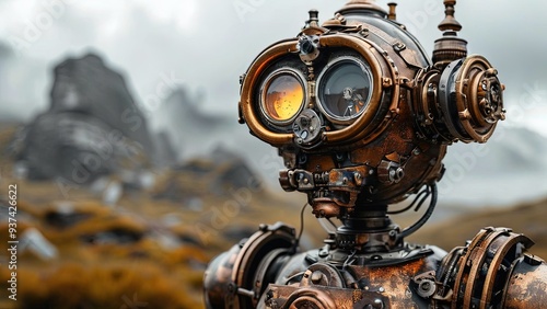 A close-up of a steampunk robot's head with glowing eyes, set against a backdrop of rugged mountains.