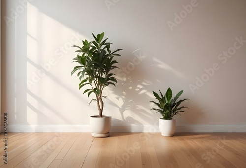 A minimalist interior with a wooden floor, a potted plant, and soft shadows from a window on the wall 