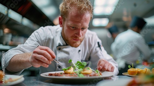Fototapeta Naklejka Na Ścianę i Meble -  Chef’s Focus: In a bustling high-end restaurant, a chef in a pristine white coat plates a gourmet dish with tweezers. His focus on perfection stands out amid the kitchen’s chaos.
