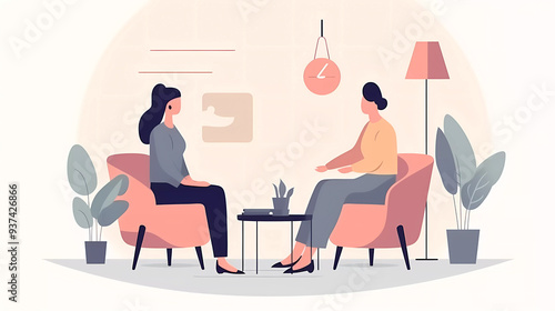 Patient sitting in arm chair talking with Psychologist in clinic.flat vector illustration.Mental health concept.