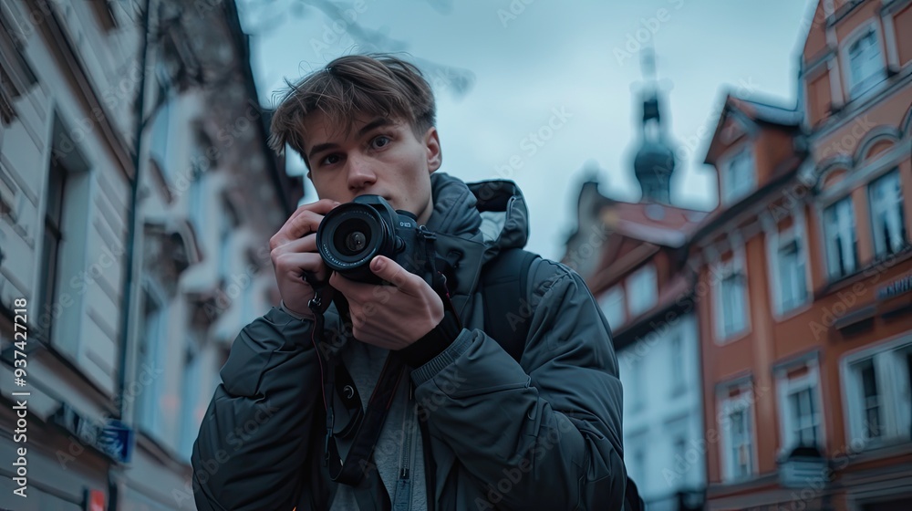 Young man photographer takes photographs with dslr camera in a city, Young man photographer takes photographs with dslr camera in a city,