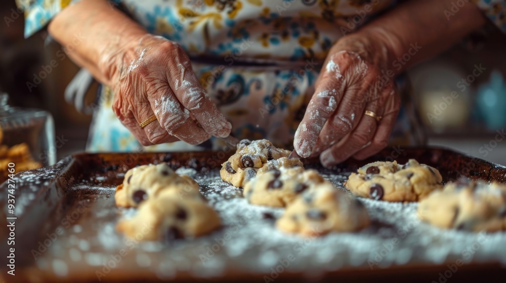 Kitchen Comfort: Wearing a floral apron, an old woman bakes cookies, her hands dusted with flour. She places dough on a baking sheet, filling the kitchen with vanilla and chocolate scents.
Kitchen Comfort: Wearing a floral apron, an old woman bakes cookies, her hands dusted with flour. She places dough on a baking sheet, filling the kitchen with vanilla and chocolate scents.
