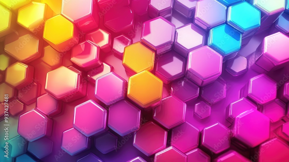 Abstract image with a vibrant geometric pattern of multicolored hexagons in pink, yellow, red, blue, and purple, bold design Abstract image with a vibrant geometric pattern of multicolored hexagons in pink, yellow, red, blue, and purple, bold design