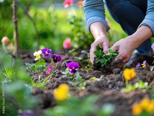 Gardener planting flowers in garden bed.