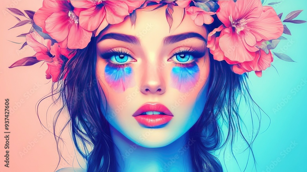 Naklejka premium Beautiful cartoon girl with a floral crown in electric blue and pink, featuring intricate iris flowers and delicate eyelashes, art and fashion