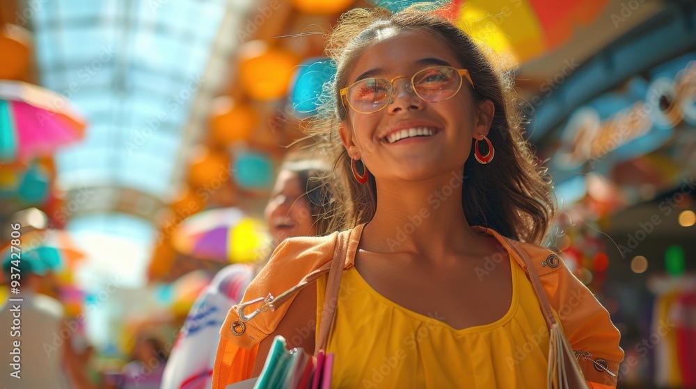 Trendy Shopper: In the vibrant mall, a teenage girl with multiple shopping bags enjoys the bustling atmosphere. Her trendy outfit stands out amid the crowd.
Trendy Shopper: In the vibrant mall, a teenage girl with multiple shopping bags enjoys the bustling atmosphere. Her trendy outfit stands out amid the crowd.