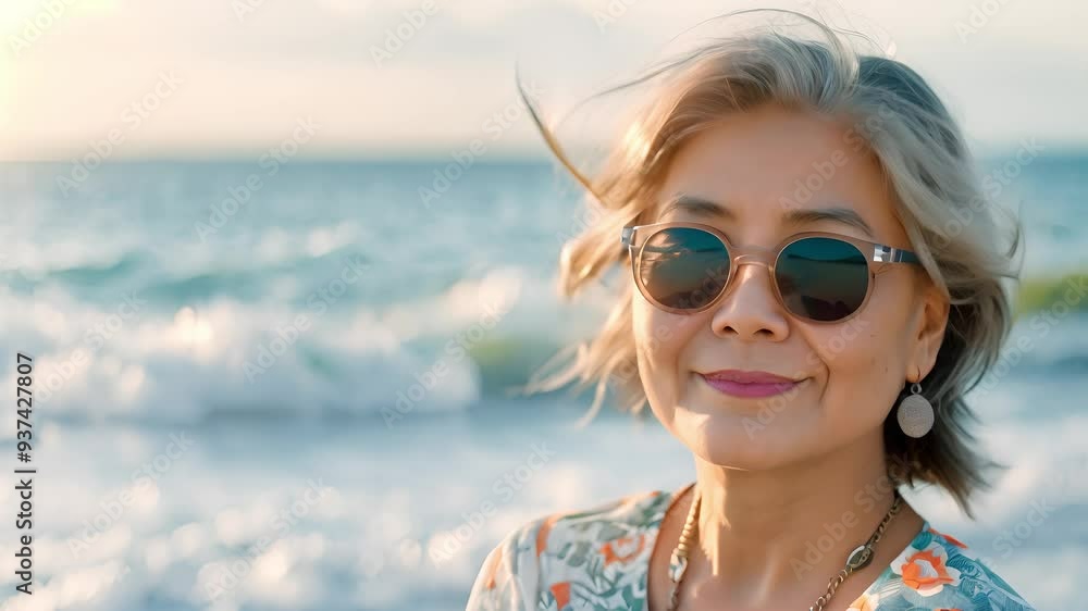 Happy mature senior asian woman in a sunglasses enjoy holidays on the beach. Asian senior woman smiling rest in the beach. Mature senior lifestyle Happy mature senior asian woman in a sunglasses enjoy holidays on the beach. Asian senior woman smiling rest in the beach. Mature senior lifestyle