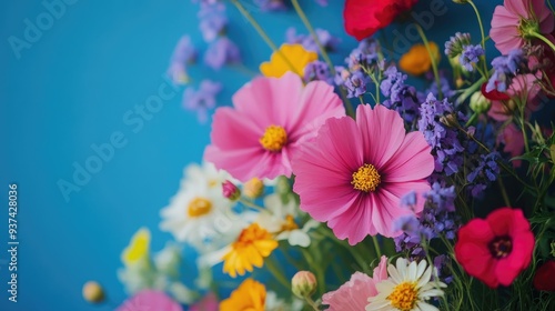 Beautiful pink, red, yellow, purple, and blue flowers on a lively backdrop, creating a fragrant postcard for inscription