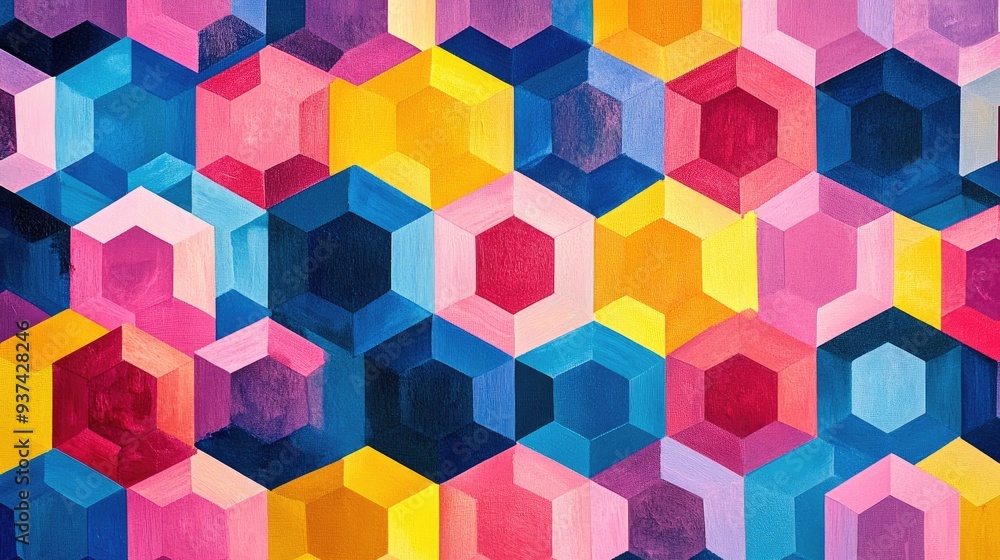 Obraz premium Bold abstract image featuring a repeating pattern of vibrant hexagons in pink, yellow, red, blue, and purple, geometric design
