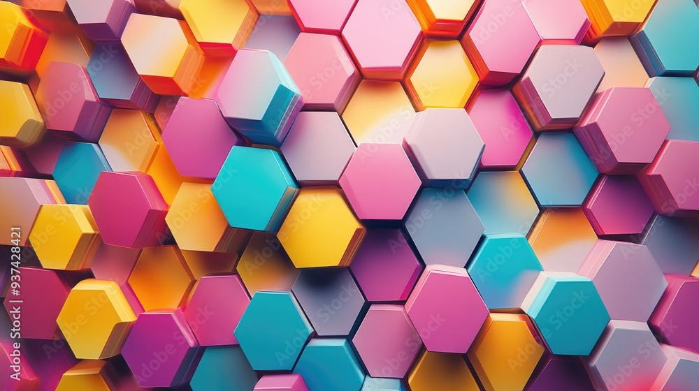 Bold abstract image with a vibrant geometric pattern of multicolored hexagons in shades of pink, yellow, red, blue, and purple, repeating design Bold abstract image with a vibrant geometric pattern of multicolored hexagons in shades of pink, yellow, red, blue, and purple, repeating design