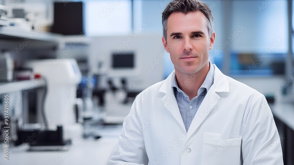 Man in White Lab Coat: A man in a white lab coat, standing in a clean, modern laboratory with scientific equipment in the background. Man in White Lab Coat: A man in a white lab coat, standing in a clean, modern laboratory with scientific equipment in the background.