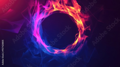 Circular flame glowing in blue to red pink gradient, surrounded by abstract geometric shapes on a dark background