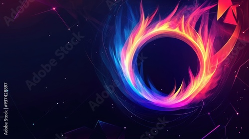 Circular flame glowing in vibrant blue to red pink gradient, set against abstract geometric shapes on a dark background