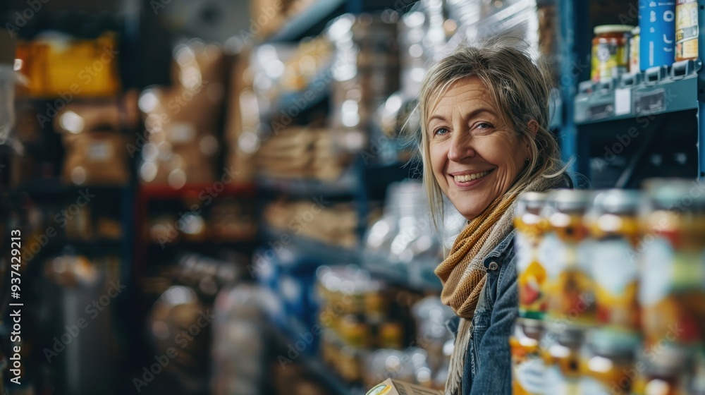 Cheerful Giving: Middle-aged woman volunteers, packing canned goods with a smile in a warehouse. Working with others, her face beams with warmth and kindness.
Cheerful Giving: Middle-aged woman volunteers, packing canned goods with a smile in a warehouse. Working with others, her face beams with warmth and kindness.