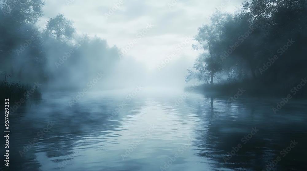 Misty River in Forest 3D Illustration Misty River in Forest 3D Illustration